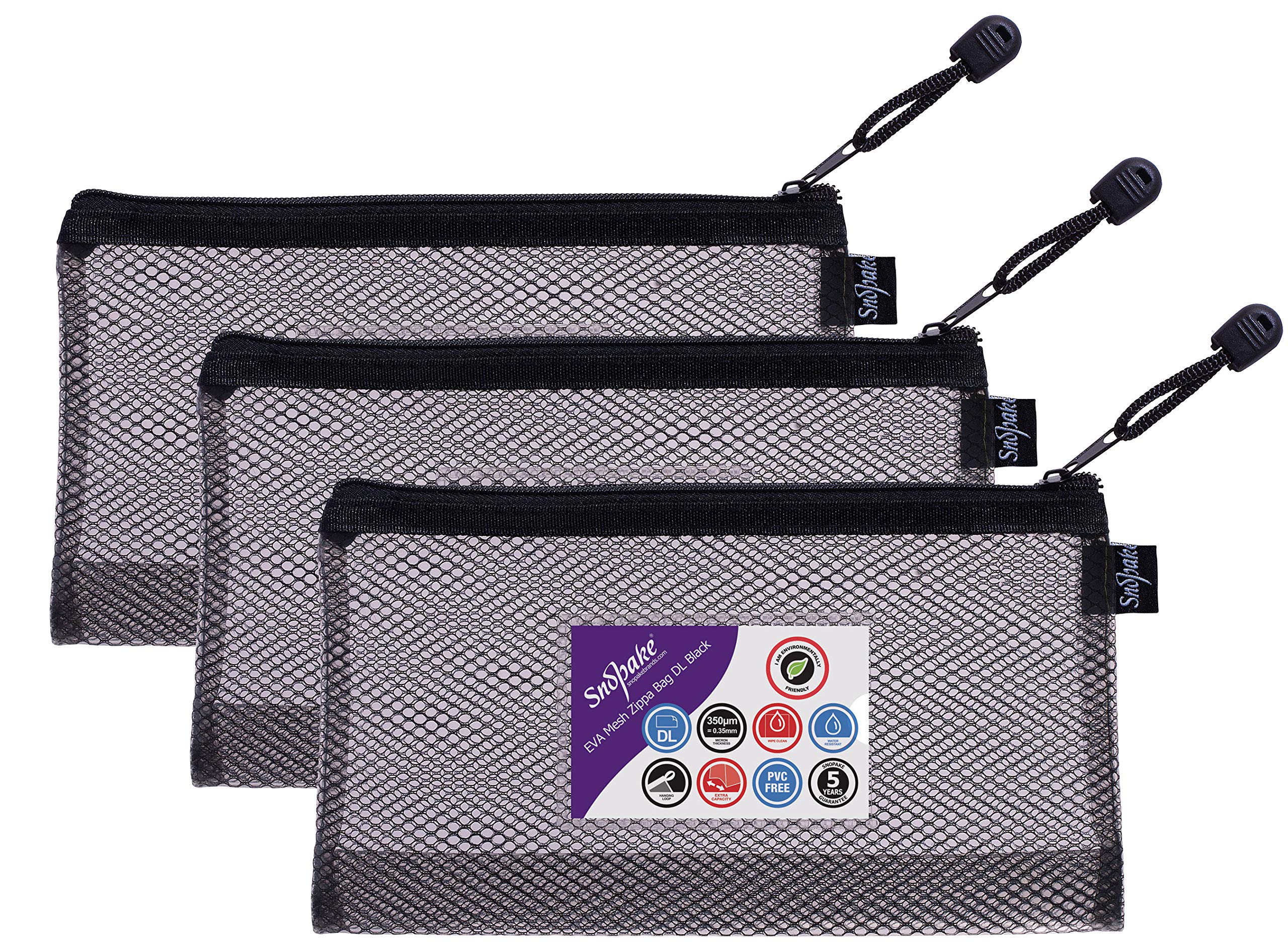 SnopakeDL High Capacity Black EVA Mesh Zippa-Bag [Pack of 3] 240 x 130mm – Heavy Duty Bag with Hanging Loop and Business Card Holder [15879]