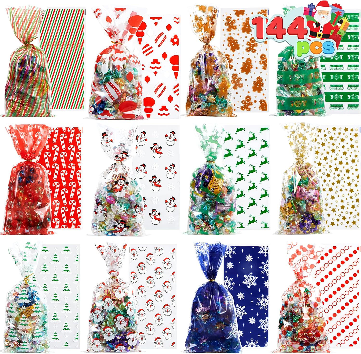 JOYIN 144 PCS Christmas Cellophane Bags with Ribbon for Holiday Treats, Christmas Clear Cello Gift Candy Cookie Bags for Party Favors, Festivals Presents, Party Supplies (11” X 5”)