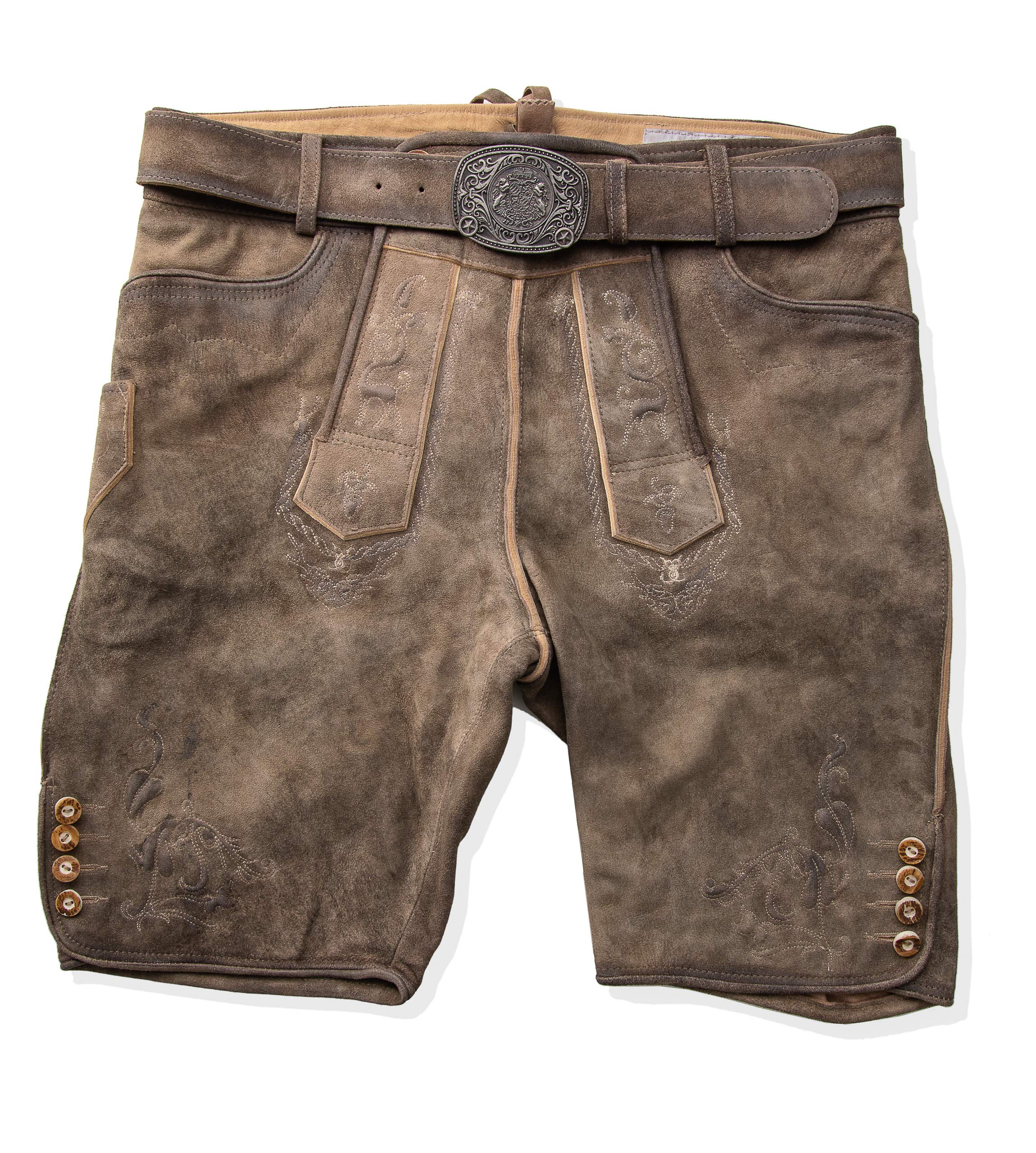 Schöneberger Trachten Couture Herren Lederhose kurz mit Trachtengürtel, traditionelle Vintage Trachtenhose für Oktoberfest aus hochwertigem Wildbockleder, Jakob