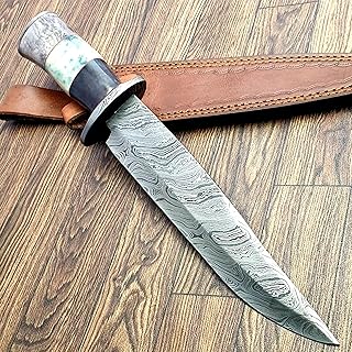 Hk-99 KNIVES Bowie Knife14.5 Inch Handmade Damascus hunting knife fixed blade knife Bowie Knife With sheath Bone Handle knife Camping And survival knife. - TZ KNIVES