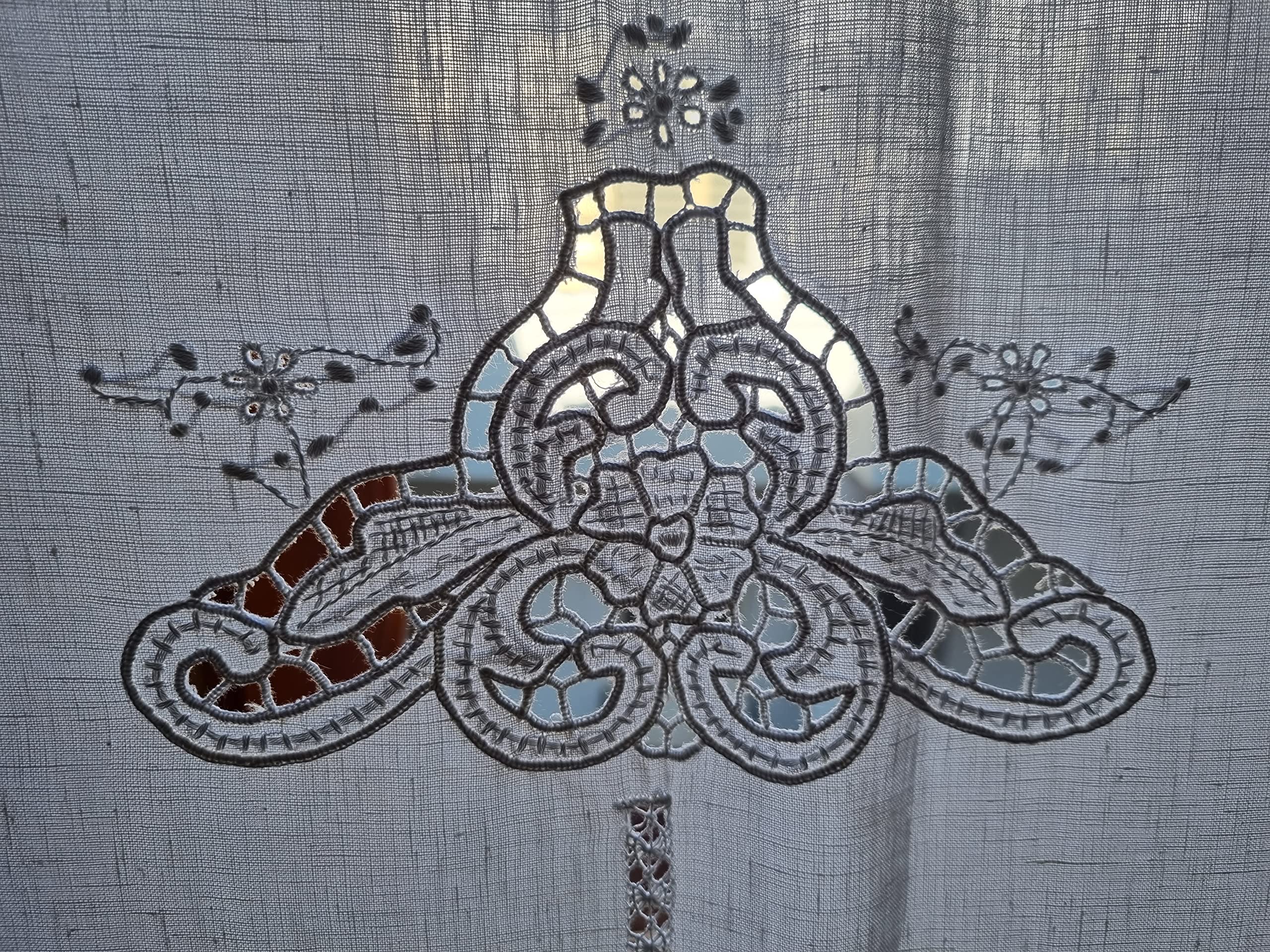 Preciosa cortina de lino puro bordado tallado a mano, 210 x 300 cm