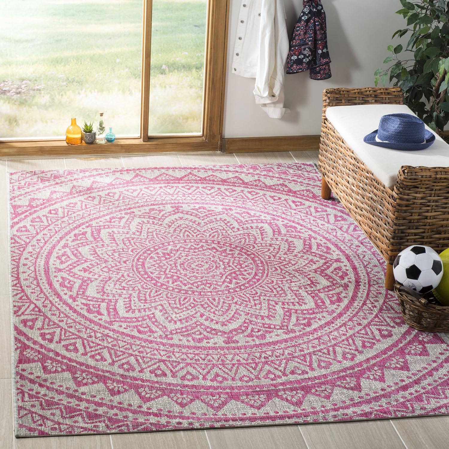 SAFAVIEH Washable Rug Outdoor Courtyard Collection - 6'7" Square, Light Grey & Fuchsia Pink Purple, Non-Shedding & Easy Cleaning, Ideal for Patio, Backyard, Mudroom (CY8734-39712)