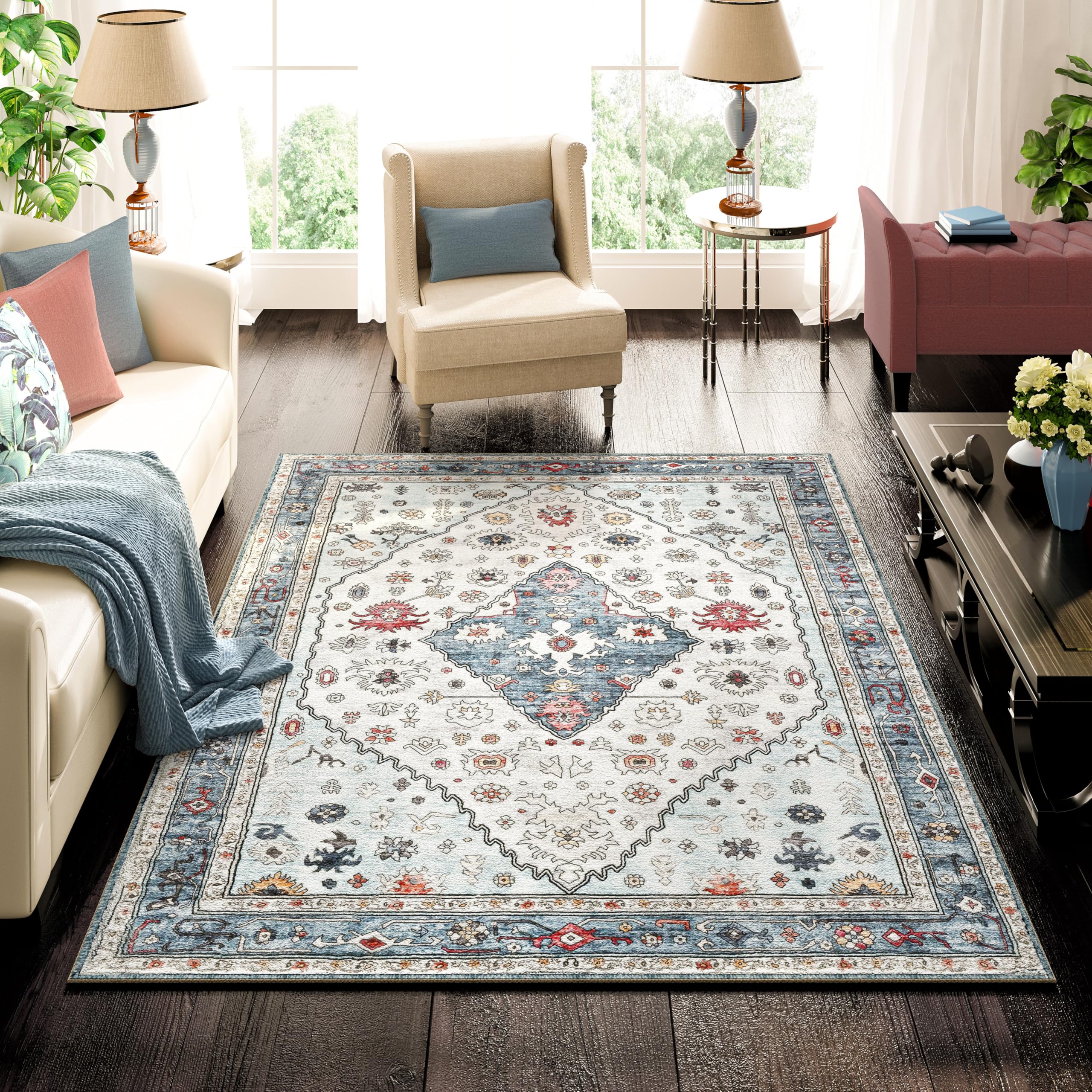 Istana 3x5 Washable Rug - White Cream/Blue Area Rug - Foldable Small Area Rugs 3x5 - Non Shedding Floor Rugs for Home - Washable Rugs 3x5-3x5 Rug Non Slip W/Soft Microfiber - 3x5 Rug Washable
