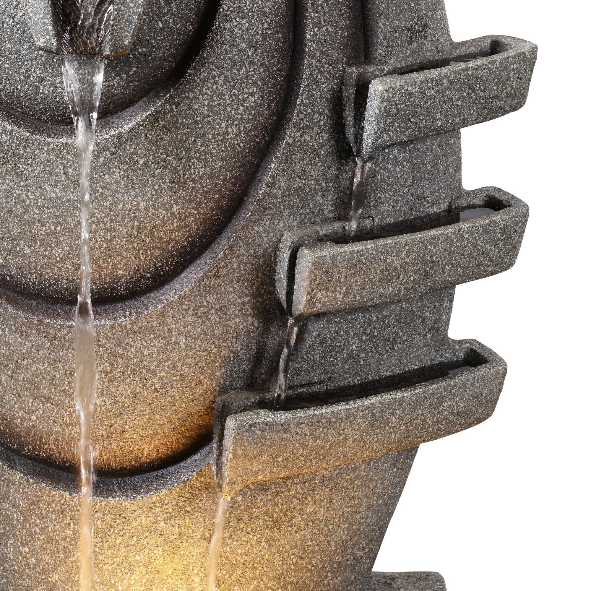 Teamson Home Garten Outdoor Brunnen Moderner Ovaler Brunnen mit warmen LED-Lichtern, Einstellbarer Fluss, Robustes dunkelgraues Steinoptik-Finish