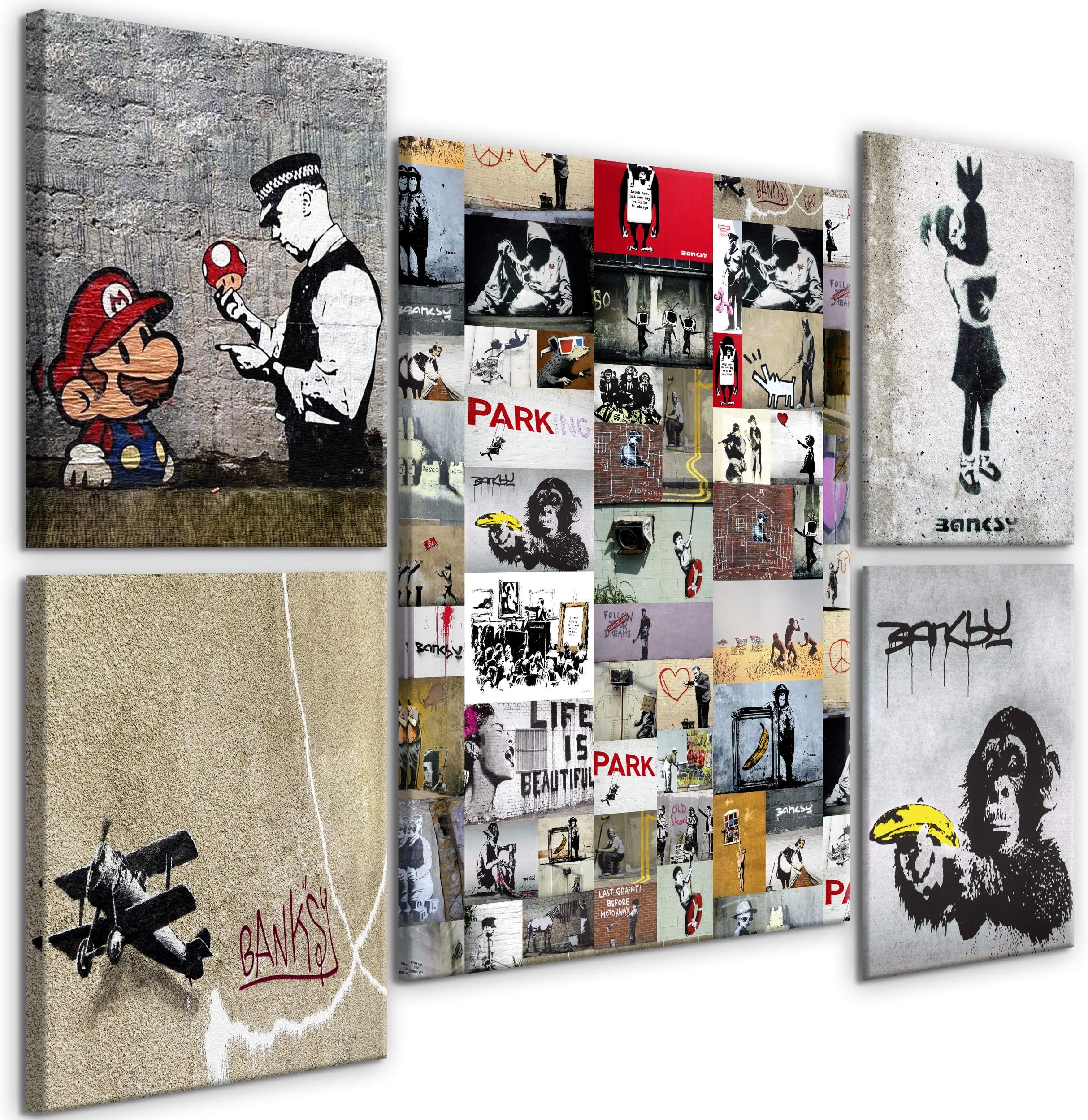 decomonkey | Canvas Print Banksy | 43.3" x 31.5" / 110x80 cm | Wall Art | Wall Picture | Non-Woven Canvas | Photo 5 piece | Graffiti Street Artwork Image Design Decoration Print Decor | Living Room