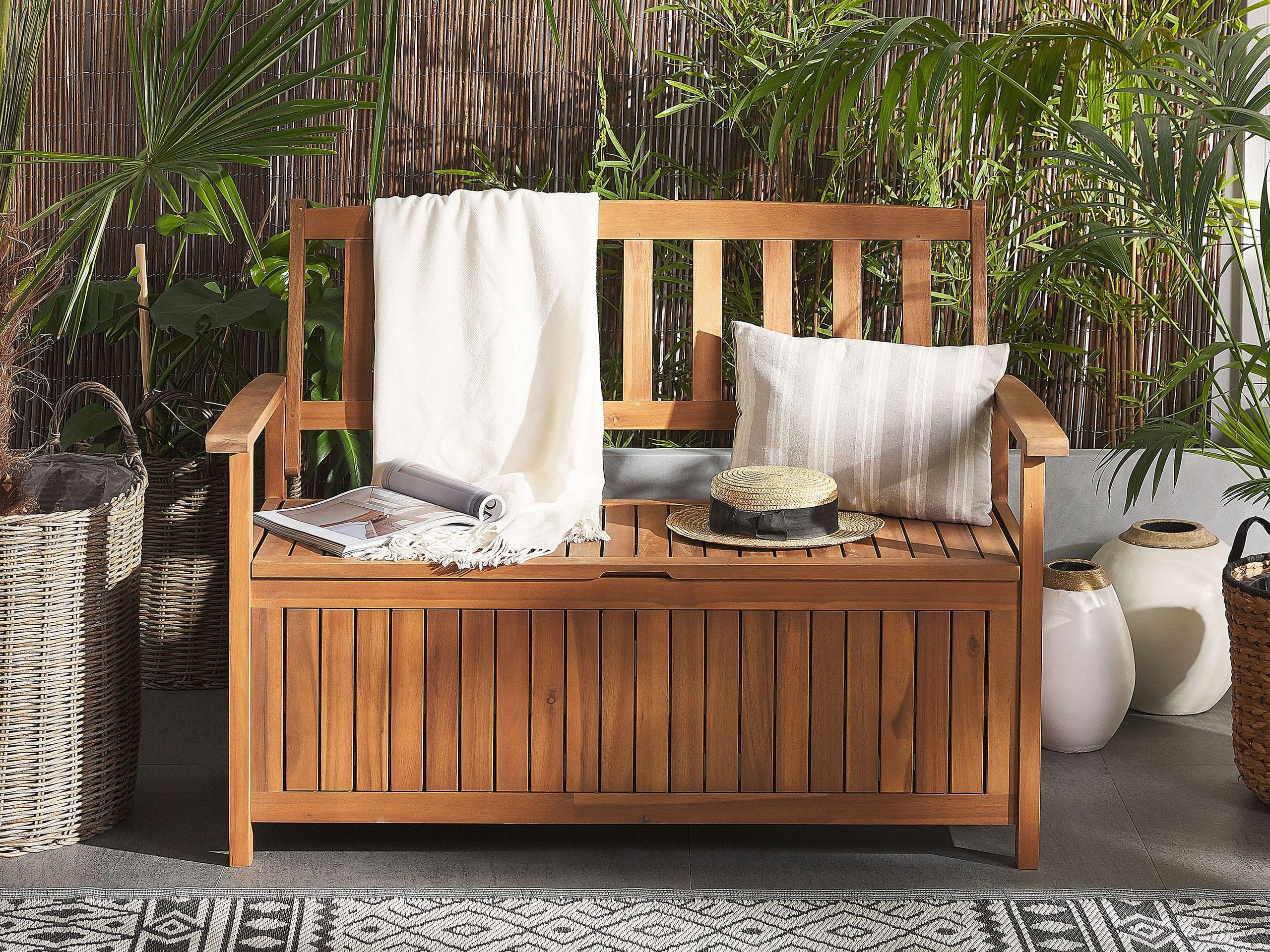 Beliani Banc de Jardin avec Coffre de Rangement Ultra Pratique en Bois d'Acacia Narurel et Résistant Idéal pour Organiser Votre Espace Extérieur