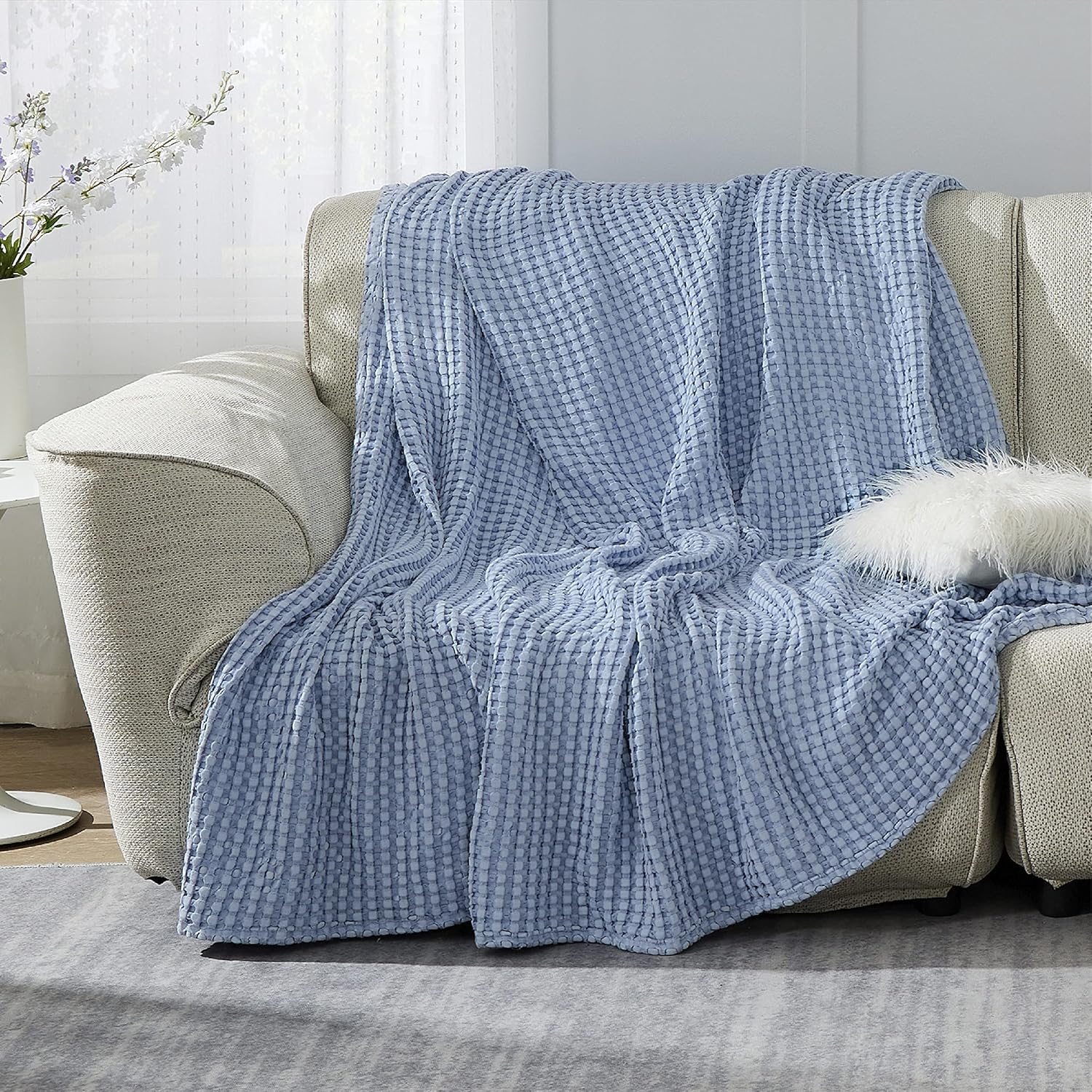Bedsure Waffle Bamboo Blanket Cotton - Waffle Weave Throw Blanket for Couch Sofa, Soft Decorative Lightweight Blanket for All Seasons(50x60 inches, Blue) : Home & Kitchen
