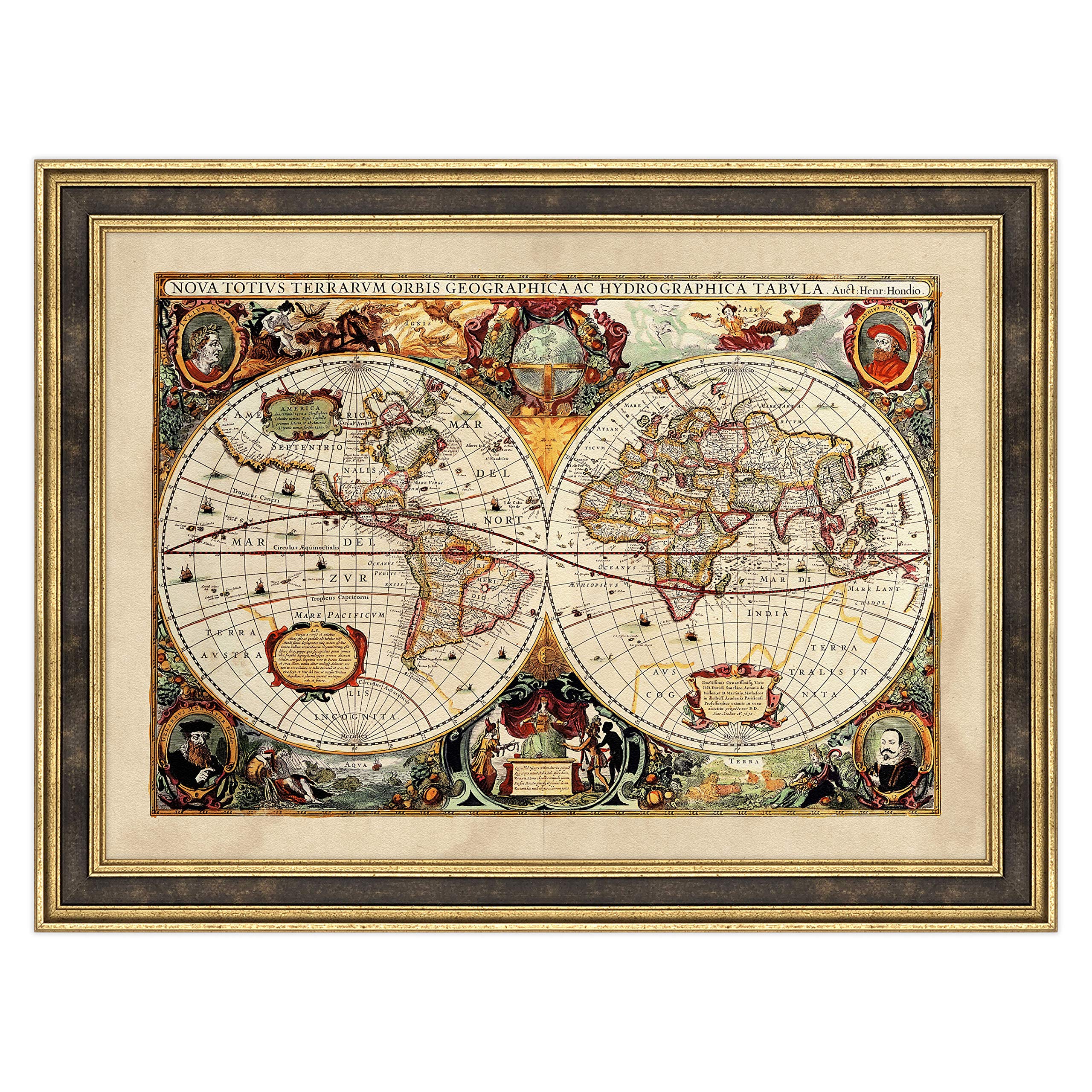 ConKrea Impresión con marco - mapa antiguo - 30 x 42 cm - Clásico oro de hoja y negro