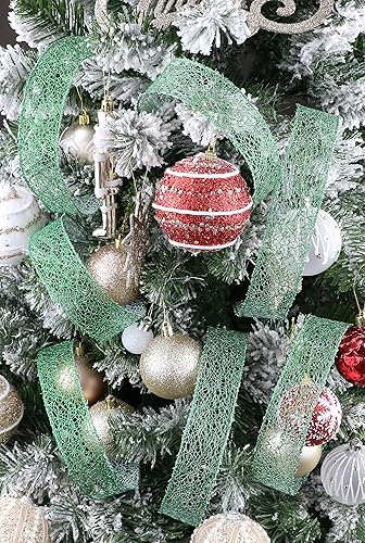 Miniatura 5 de Cinta de Navidad verde con alambre de 1.5 pulgadas, cinta roja con alambre para árbol de Navidad, cinta metálica verde con purpurina para coronas,