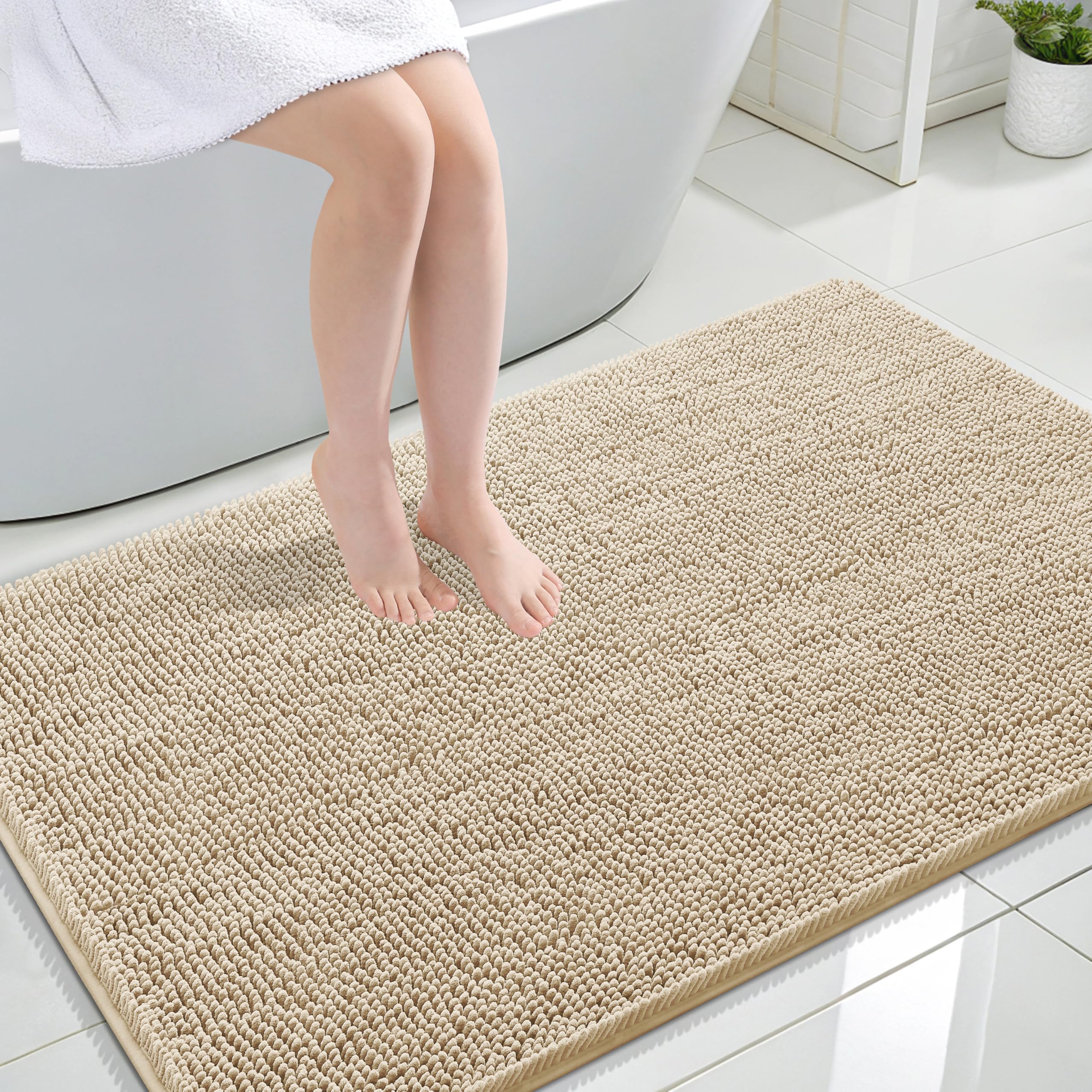 OLANLY Large Bathroom Rugs 47x32, Extra Soft Absorbent Chenille Bath Rugs | Beige, Quick-Drying Rubber Backing, Machine Washable Bath Mat for Bathroom Floor, Tub and Shower, Home Decor Accessories