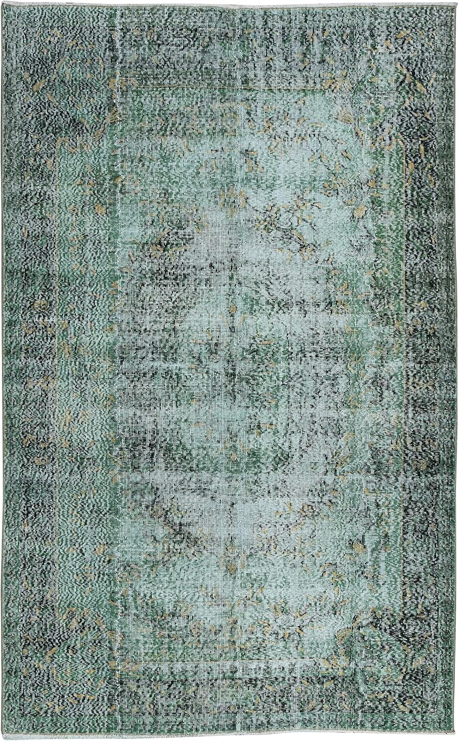 6x9.5 Ft Modern Green Over-Dyed Floor Rug, Hand Knotted Turkish Vintage Carpet