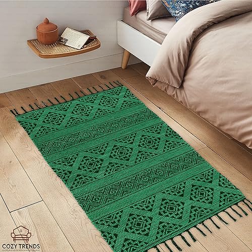 Miniatura 77 de Alfombra de trapo de algodón, 24 x 36 pulgadas, multicolor, tejida a mano, lavable y reversible, para sala de estar, cocina, entrada, con borlas