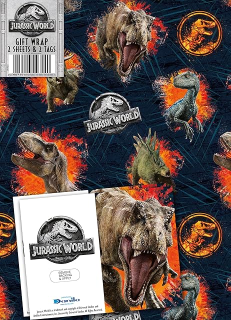 Jurassic Park Wrapping Paper and Gift Tags, 2 Sheets and 2 Gift Tags