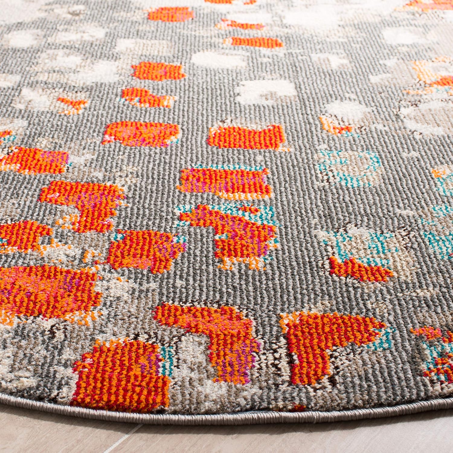 SAFAVIEH Madison Collection 3' Round Grey/Orange MAD425H Boho Abstract Distressed Non-Shedding Dining Room Entryway Foyer Living Room Bedroom Area Rug