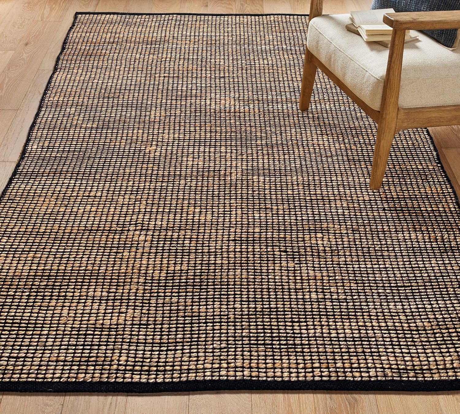 Chardin home 5x7 Jute Cotton Handwoven Area Rug | Braided Boho Farmhouse Rug in Natural Jute/Black | Rustic Vintage Floor Covering for Living Room, Bedroom, Kitchen, and Entryway