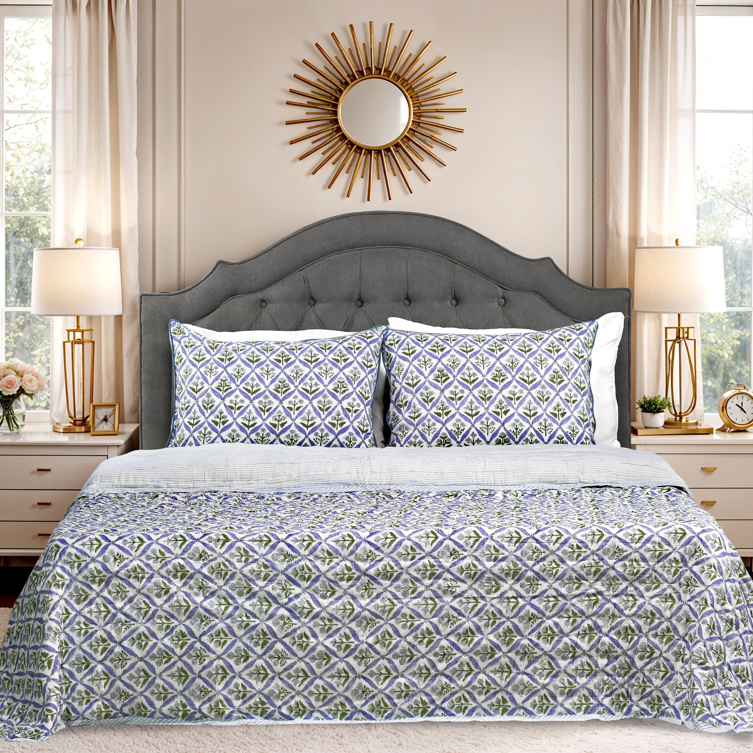 Block Print Reversible Cozy Quilt Light Steel Blue King 96" X 106" Lightweight Blanket for Sofa, Couch, Bed Soft Breathable Comforter Handmade Bedspread Duvet for Farmhouse, Home, Winter