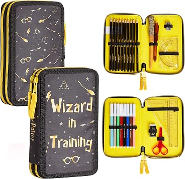 Harry Potter Gifts Pencil Case with Secret Light Wand Pen, Large Double Zip Organizer Filled with School Art Supplies for Kids, Boys and Girls Black/Yellow
