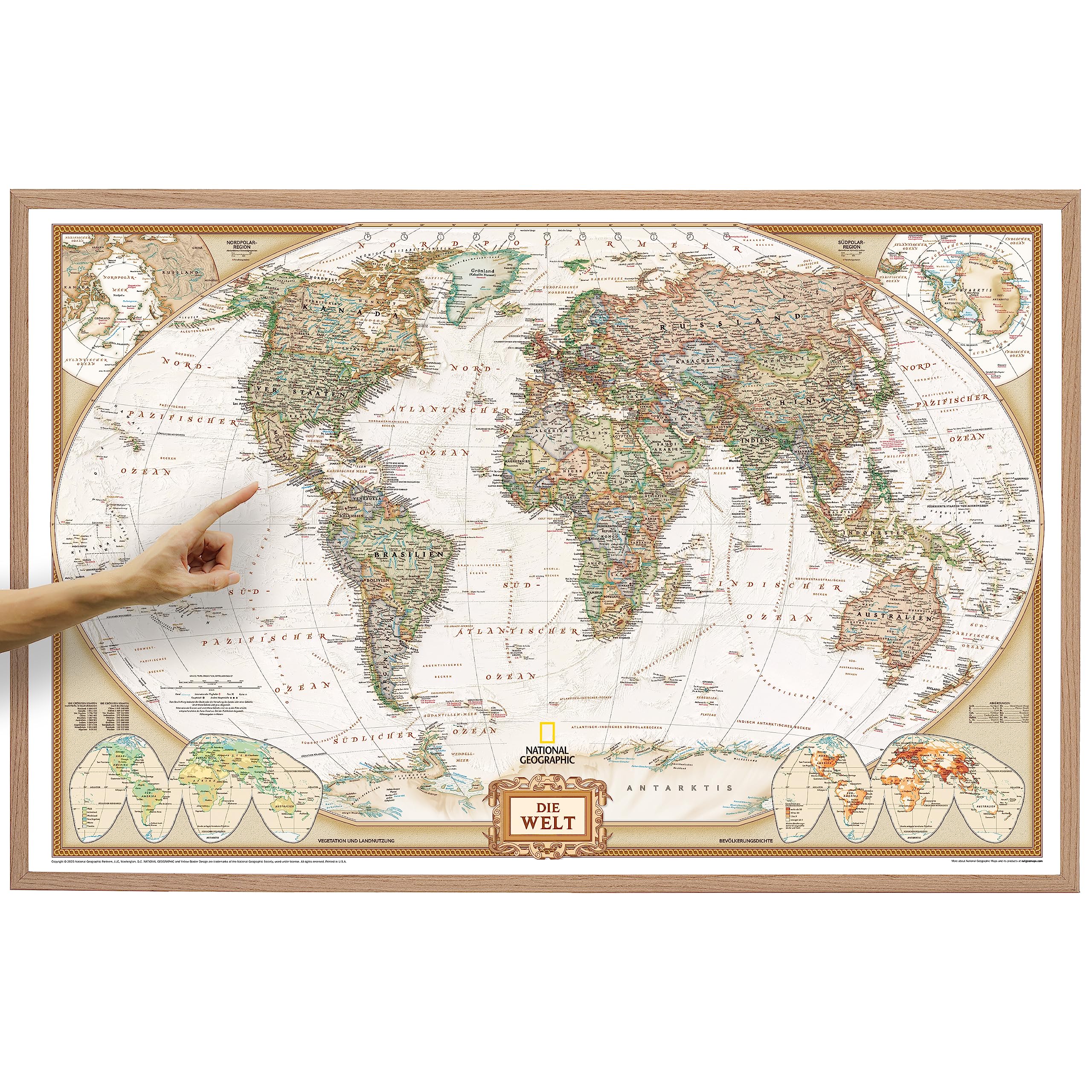 ORBIT Globes & Maps - Weltkarte mit Kartenbild von National Geographic - Pinnwand mit Holzrahmen, Aktuell 2025, 90x60 cm, deutsch, Maßstab 1:46 Mio mit Fähnchen und Pins sowie Befestigungsmaterial