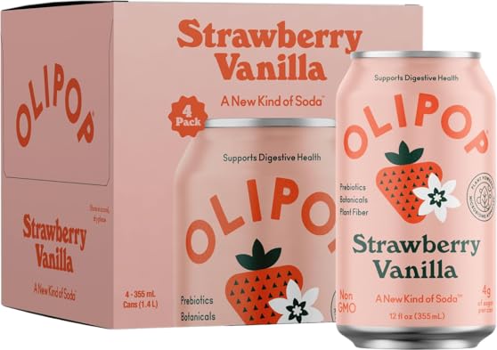 OLIPOP Prebiotic Soda Pop, Strawberry Vanilla, Prebiotics, Botanicals, Plant Fiber, 12 fl oz (4 Cans)