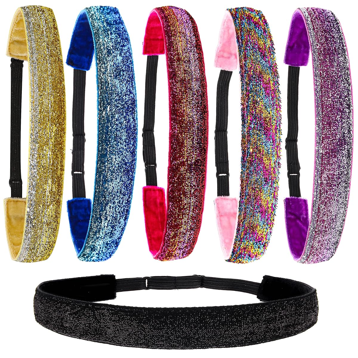 6 Sparkly Glitter Elastic Headbands, Non Slip Stretch Velvet Fabric for Tween
