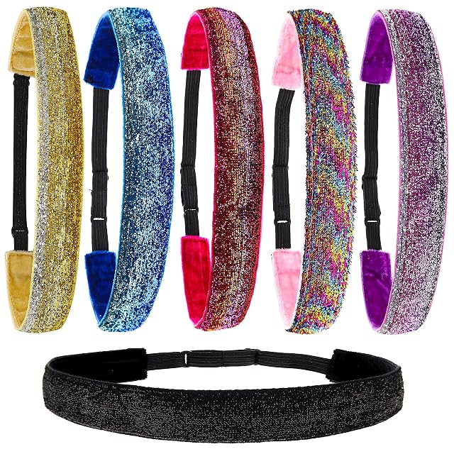 FROG SAC 6 Glitter Headbands for Girls Adjustable Non Slip Head Bands for Kids Cute Sparkly Stretch Elastic