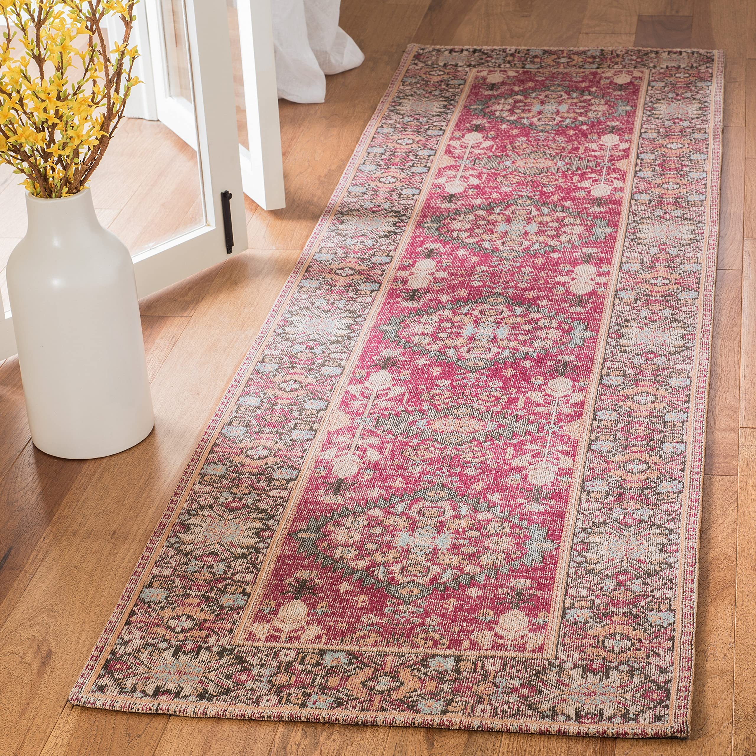 SAFAVIEH Classic Vintage Collection Runner Rug - 2'3" x 8', Red & Multi, Oriental Distressed Cotton Design, Easy Care, Ideal for High Traffic Areas in