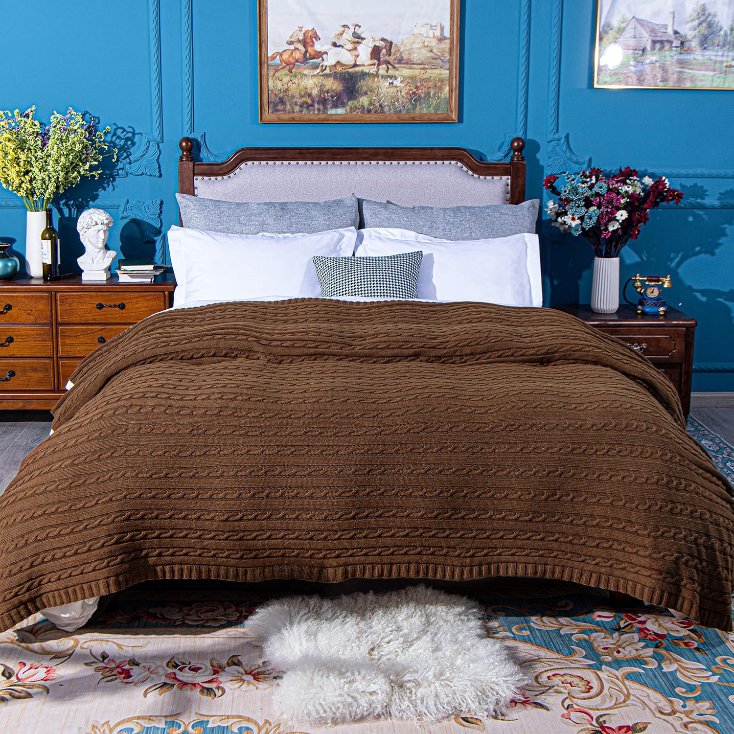 NTBAY 100% Pure Cotton Cable Knit Throw Blanket, Super Soft Warm 51x67 Knitted Throw Blanket for Couch, Sofa, Chair, Bed - Extra Cozy, Machine Washable, Comfortable Home Decor, Brown - Image 5