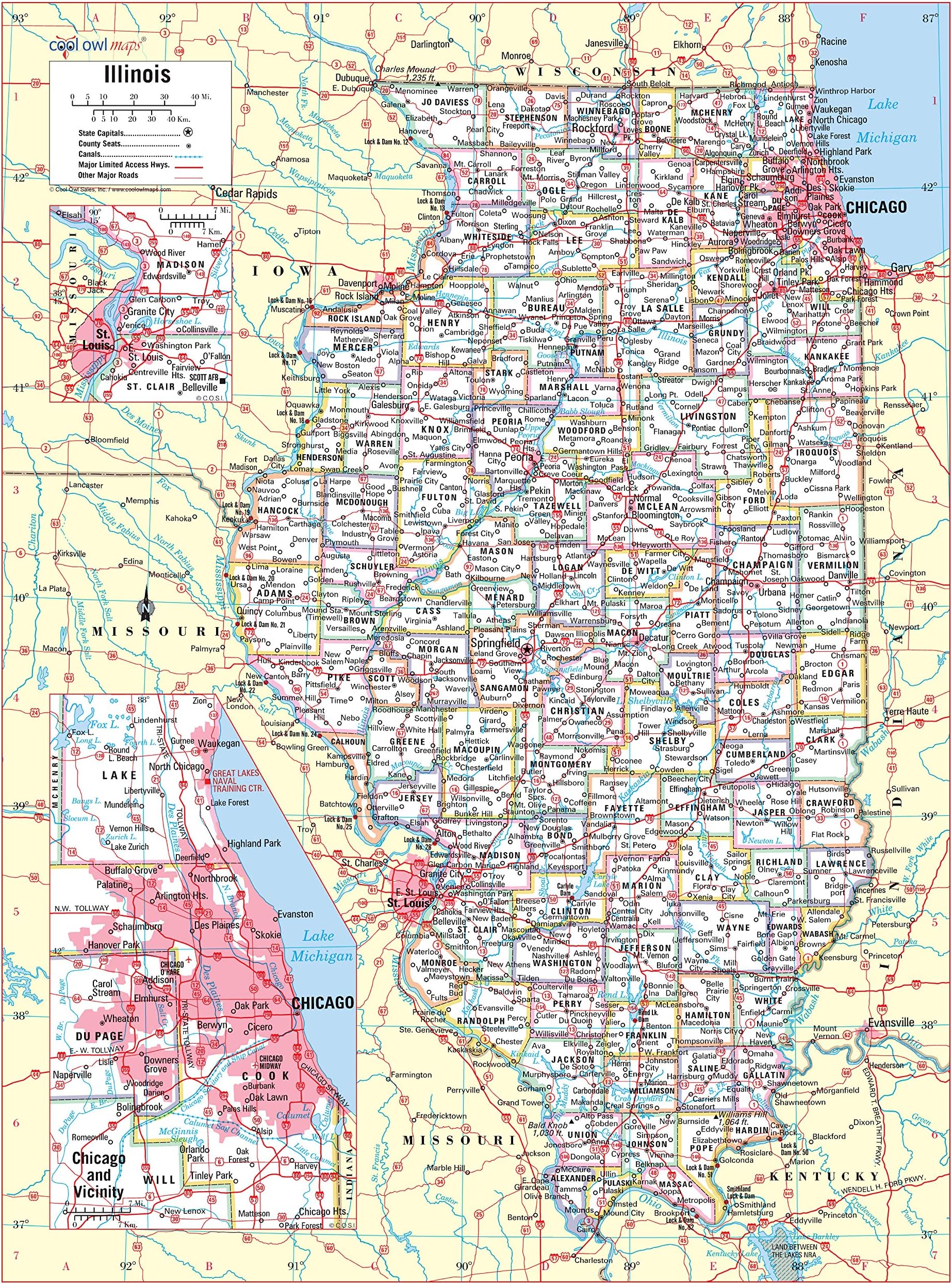 Cool Owl Maps Illinois State Wall Map Poster Large Print Rolled 24"Wx30"H (Laminated)