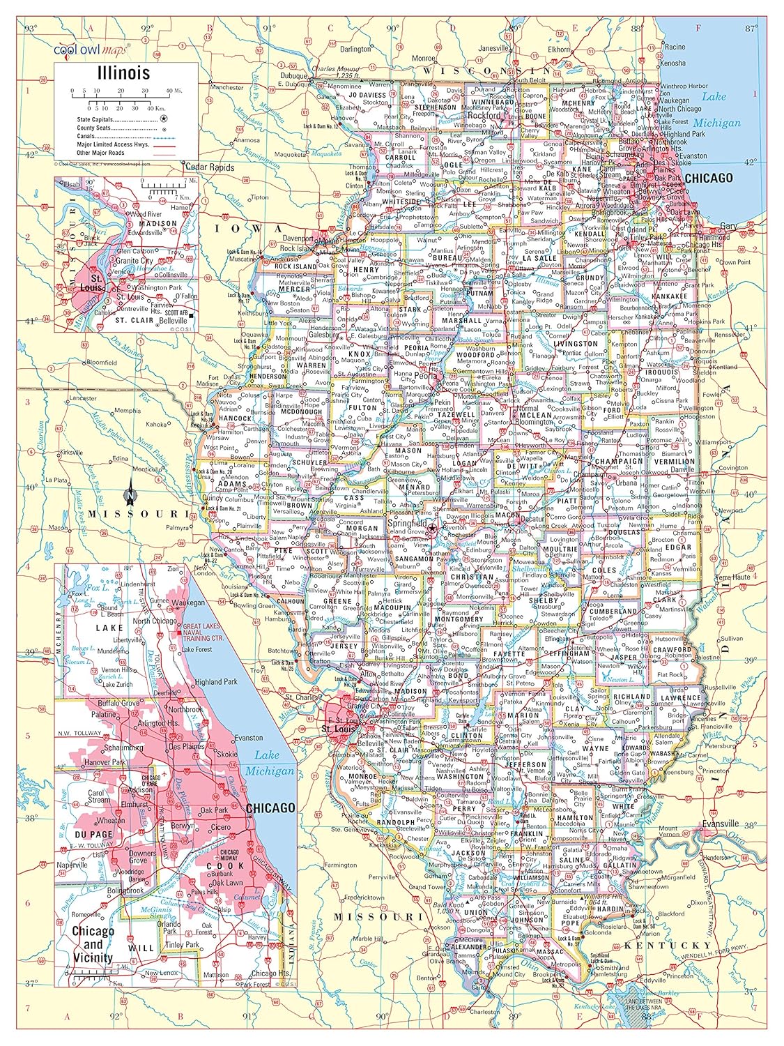 Cool Owl Maps Illinois State Wall Map Poster Large Print Rolled 24Wx30H (Laminated)