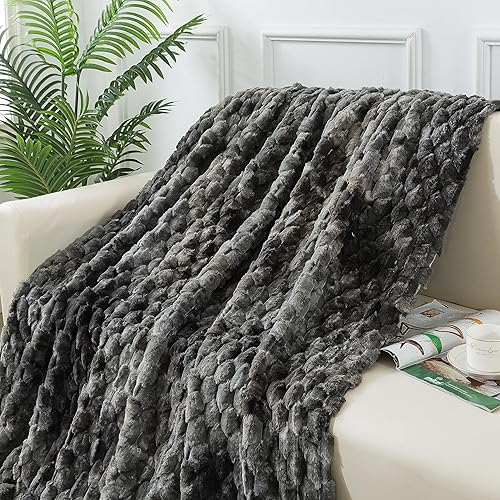 Miniatura 4 de Wajade Manta de felpa de piel sintética, suave patrón de diamante jacquard de doble capa de forro polar esponjoso para todas las estaciones,