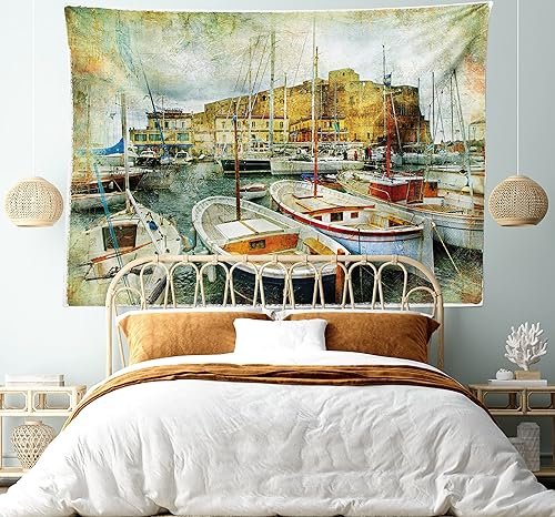 Miniatura 5 de Ambesonne Tapiz marino, Nápoles, botes pequeños en la histórica costa italiana, patrimonio del castillo, arte náutico, colgante de pared ancho para
