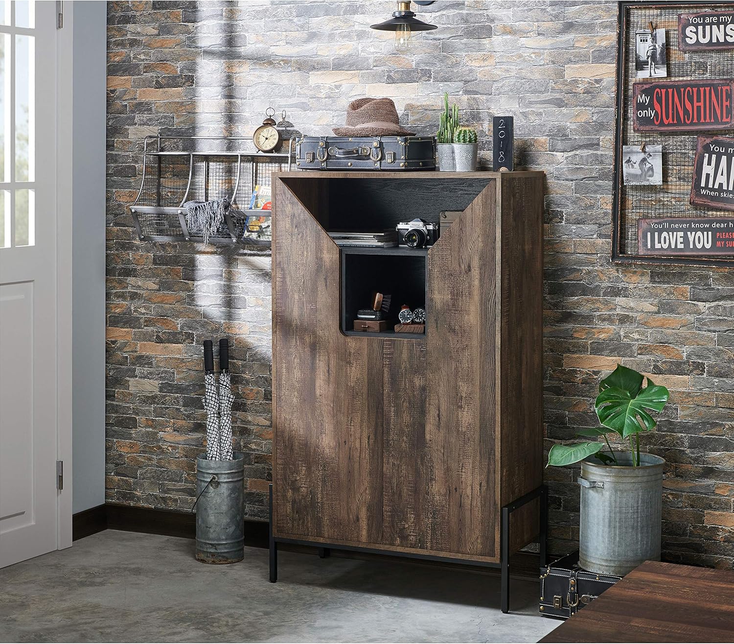 HOMES: Inside + Out Charles Rustic Entryway Shoes Cabinet with 4 Enclosed Shelves, 3 Storage Cubbies and 3 Adjustable Panels, Reclaimed Oak