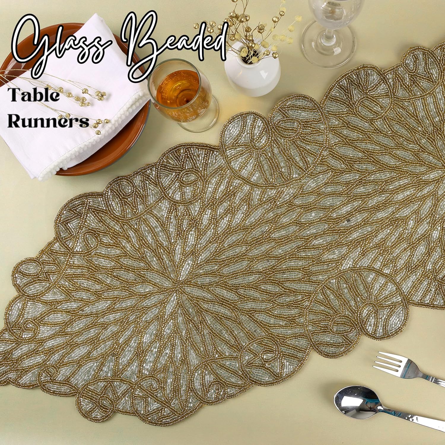 CLEENTABLE Metallic Bead Table Runner 13x36 Inches - Glass Beaded & Polyester Handcrafted Nautical Decor for Weddings, Christmas & Home Gatherings - Stain Resistant Dining Décor Accent (Gold)