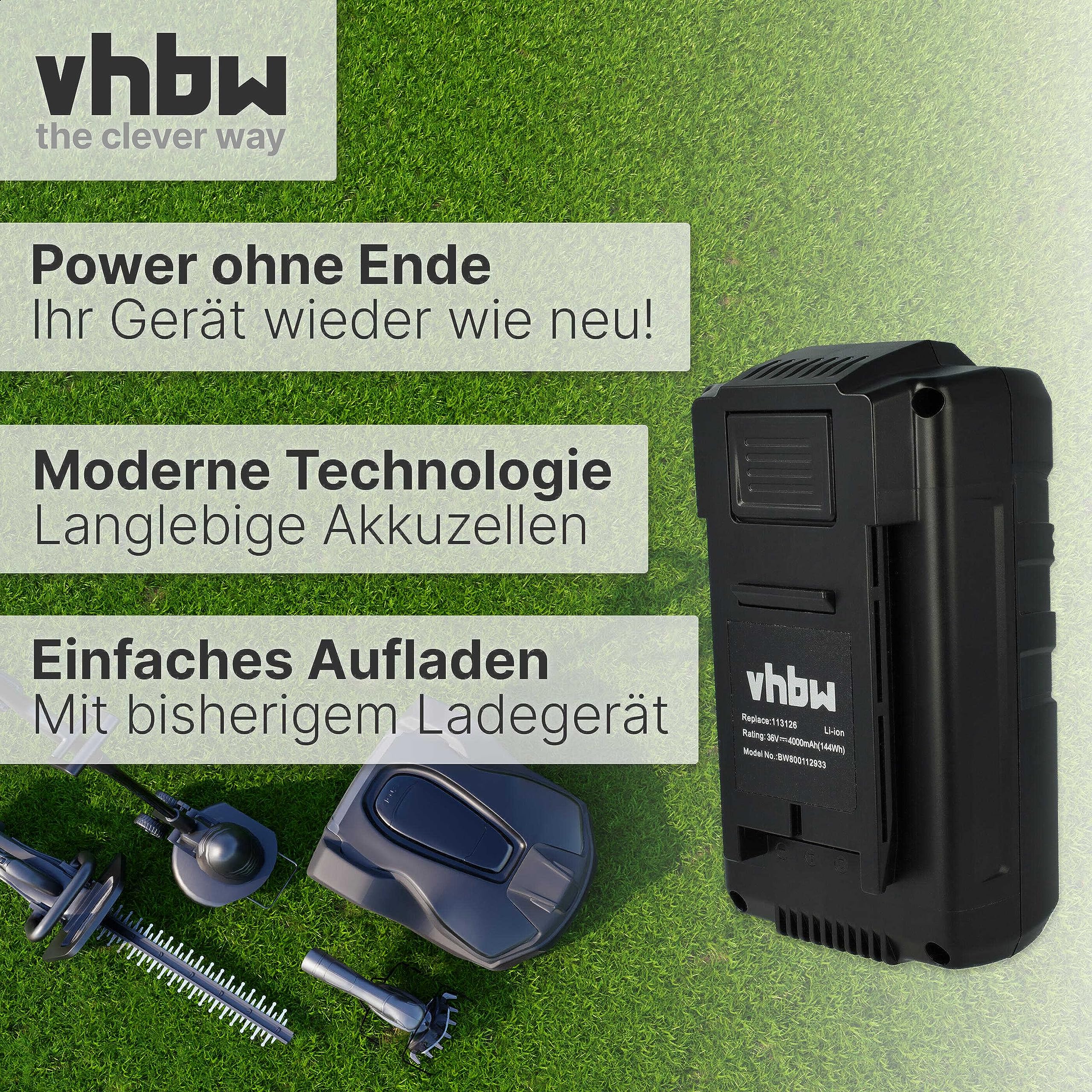 vhbw Akku Ersatz für AL-KO 113124, 113126, 113280, 9113280, B150, B200 für Rasenmäher Rasenroboter (4000mAh, 36V, Li-Ion)