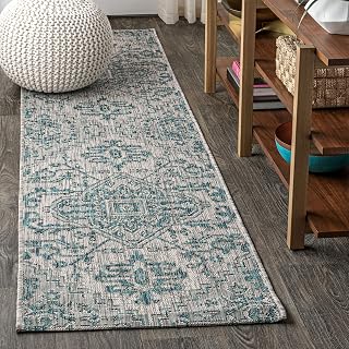 JONATHAN Y Boho Medallion Indoor Outdoor Runner Rug 2X8 Teal/Gray, Estrella Textured Weave for Backyard, Patio, Porch, Easy-Cleaning, High Traffic, Pet-Friendly, Non-Shedding (SMB105C-28)