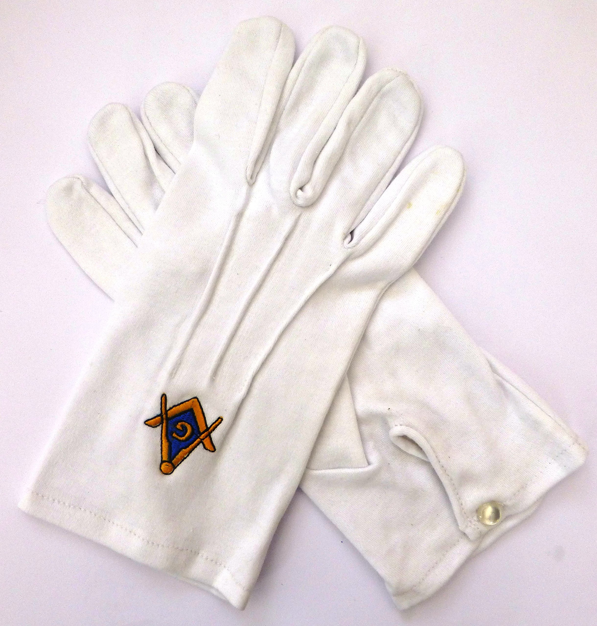 The Lodge (Masonic Regalia) Blue Masonic White Gloves With Embroidered /Gold Square & Compass - 100% Heavy Cotton (Medium)