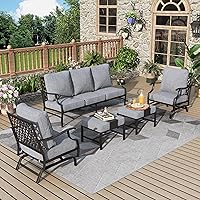 MIXPATIO 5-Piece Patio Conversation Set: 3-Seat Sofa, 2 Rocking Chairs, 2 Ottomans, 5.75" Thick Cushions - Grey Outdoor Furniture