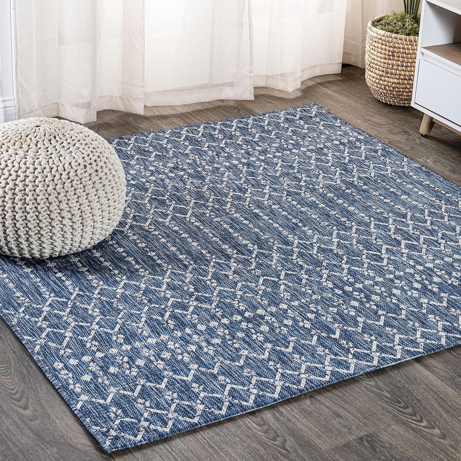 JONATHAN Y SMB108B-6SQ Ourika Moroccan Geometric Textured Weave Indoor/Outdoor Area Rug, Bohemian, Scandinavian for Bedroom, Kitchen, Living Room, Easy-Cleaning, Navy/Light Gray, 6' Square Navy/Light Gray 6'1" x 6'1" (Square)