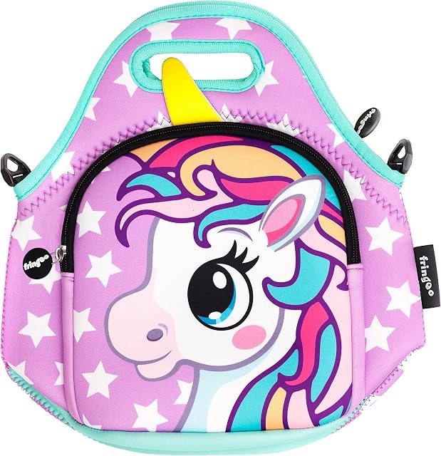 FRINGOO® Kids Lunch Bag Neoprene Children Thermal Insulated Tote Bag Shoulder Strap Zipped Pocket Cooler Snack Picnic Nursery School Cute (Unicorn Purple Stars - Lunch Bag)