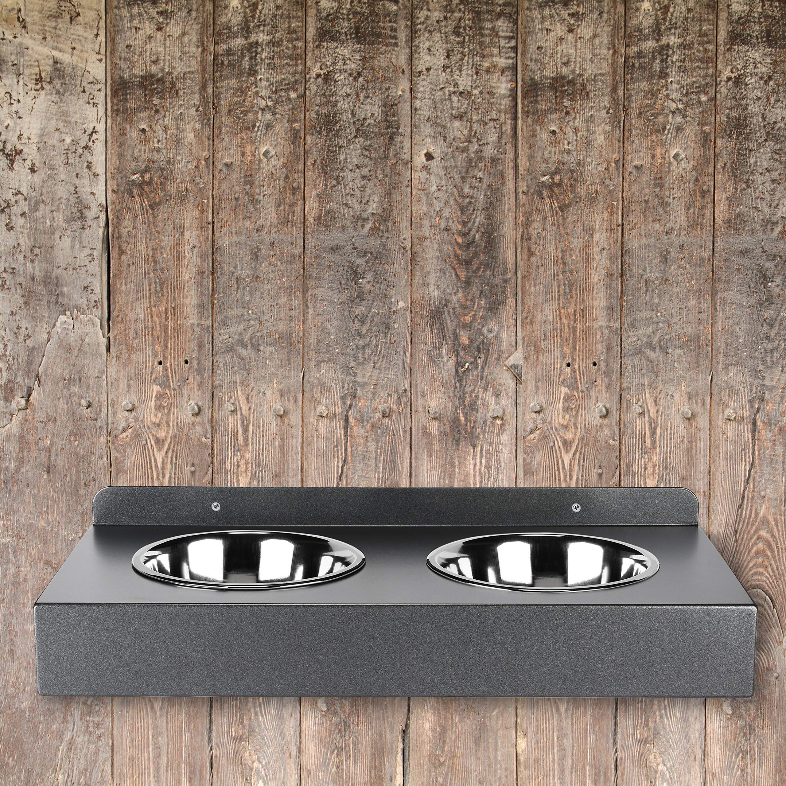 Elegante comedero colgante para perros para la pared de metal con 2 comederos de acero inoxidable (gris titanio)