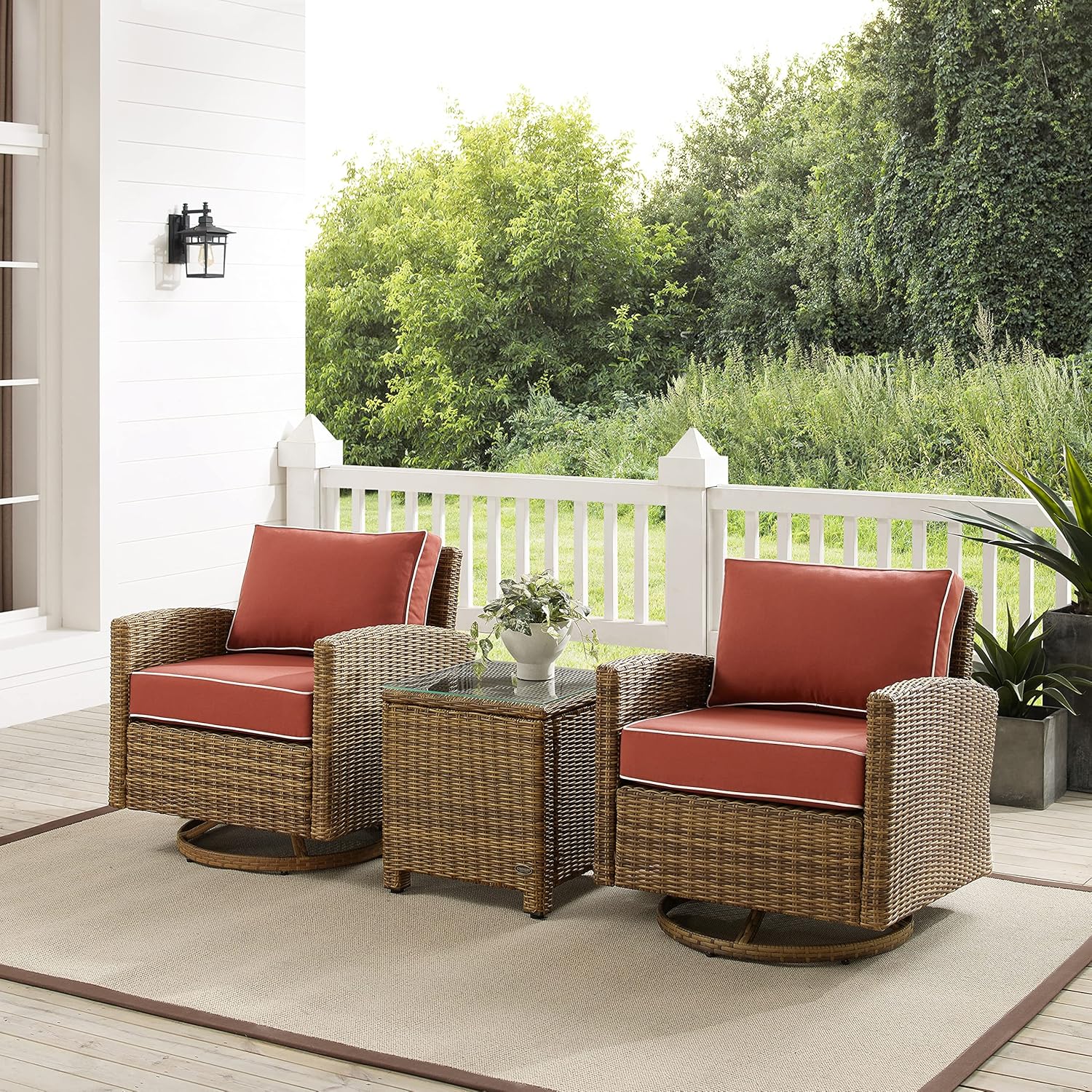 Crosley Furniture Bradenton 3-Piece Wicker Swivel Rocker Outdoor Chair and Side Table Set for Patio, Porch, Brown with Sangria Cushions