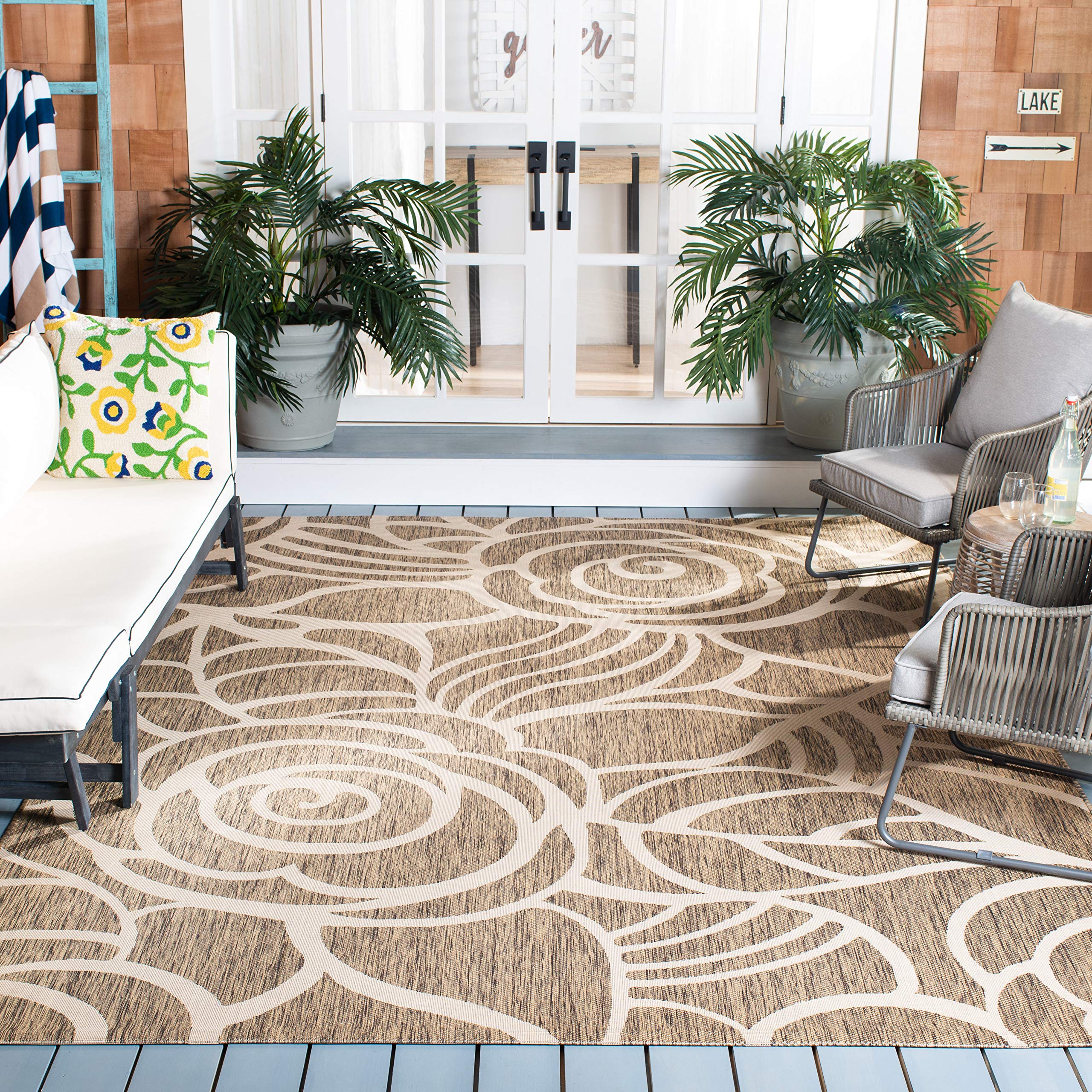 SAFAVIEH Washable Rug Outdoor Courtyard Collection - 6'7" Square, Coffee & Sand, Non-Shedding & Easy Cleaning, Ideal for Patio, Backyard, Mudroom (