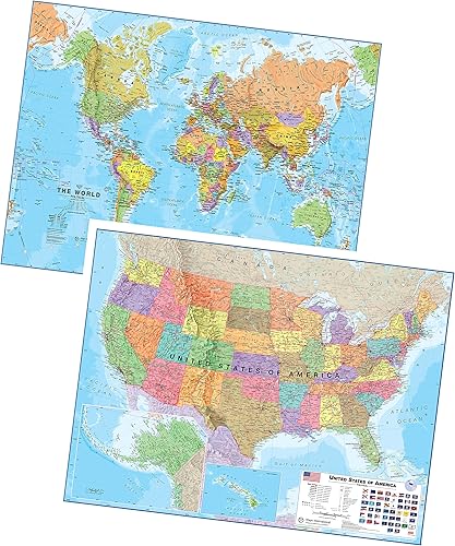Paquete de póster laminado con mapa del mundo y mapa de EE. UU., 17 x 22 pulgadas, mapas del mundo y Estados Unidos, cartografía detallada - Maps