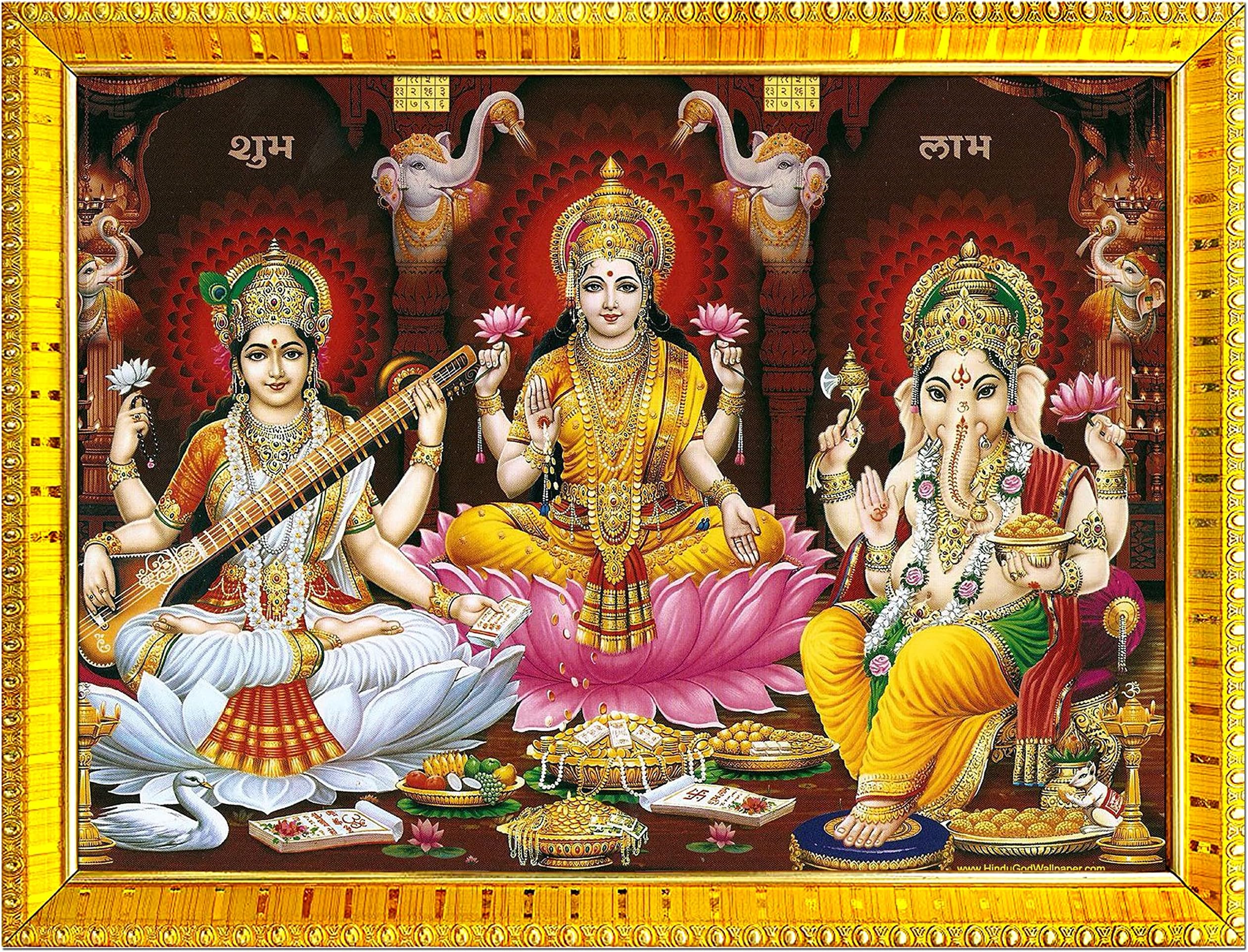 zig zag Lakshmi Saraswati Ganesha Ji Photo Frame For Wall / Table / Pooja Room ( 7x9 inches, Acrylic Glass) Golden