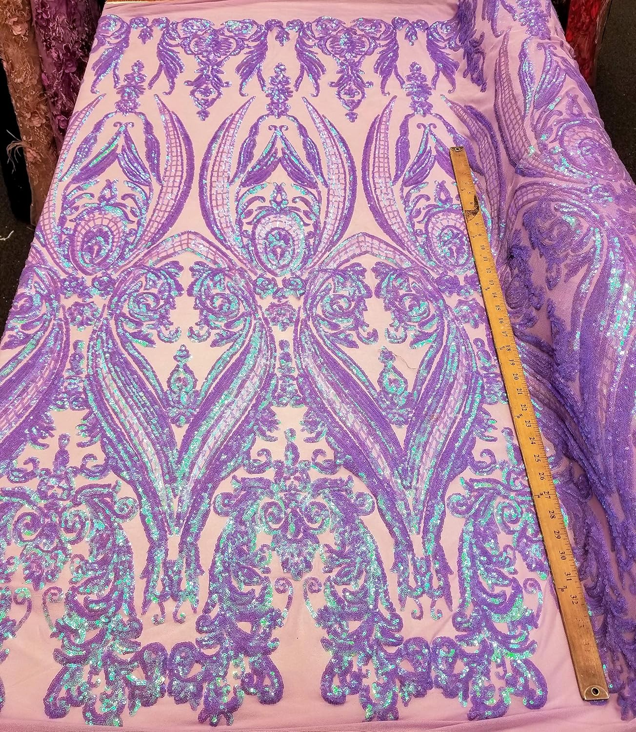 Iridescent Hourglass Design 4 Way Stretch Nylon Spandex Mesh Sequin Wedding Prom Fabric by The Yard (Iridescent Lilac)
