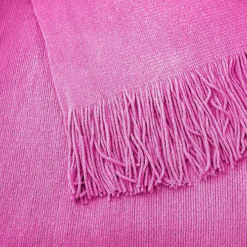 Miniatura 7 de Vonty Manta de punto rosa intenso con borlas y flecos, 60 x 80 pulgadas, manta de punto súper suave, manta ligera decorativa de granja para sofá,