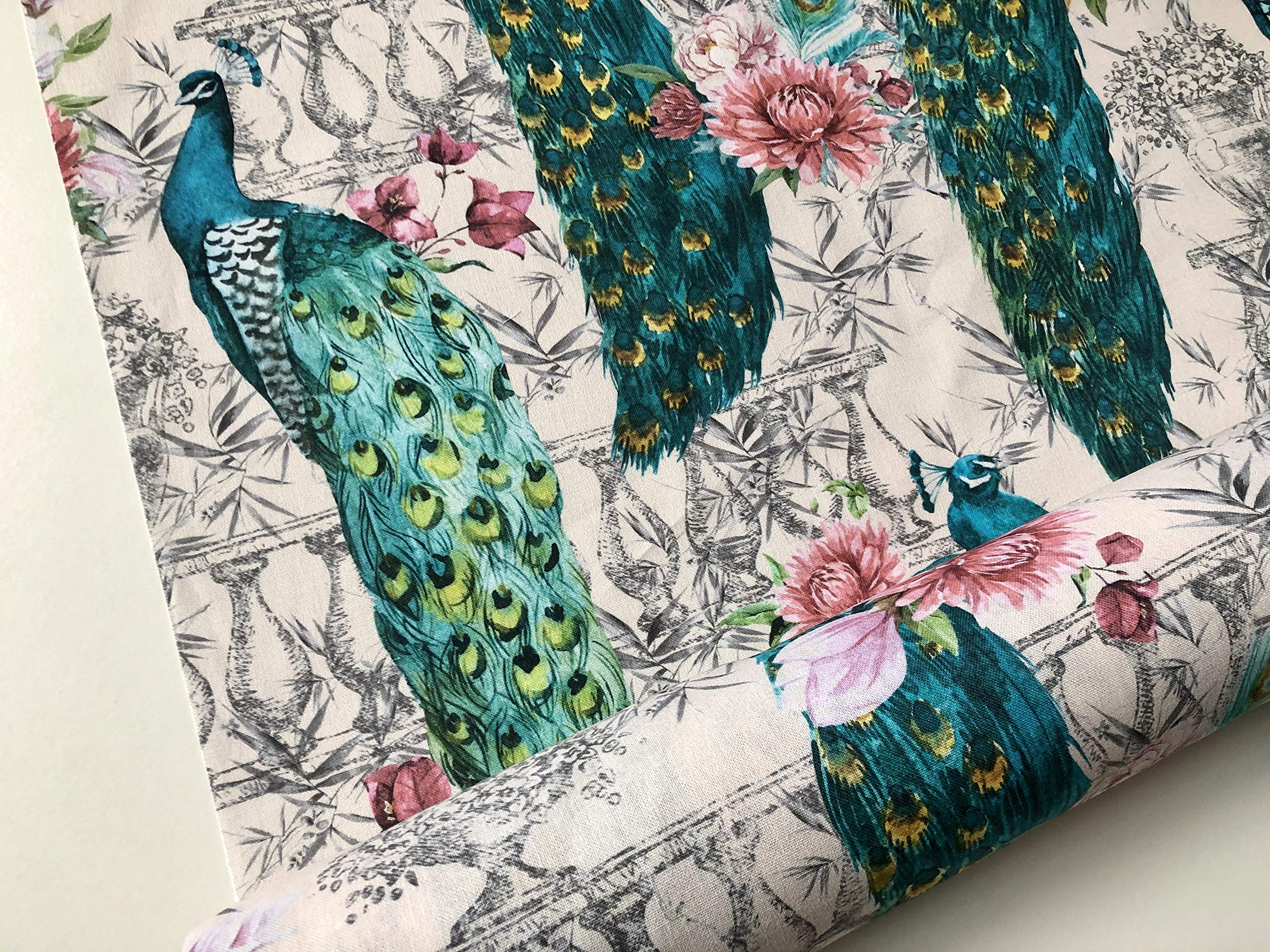 Peacock Bird Fabric - Floral Pink Peony Garden Furnishing, Curtains, Upholstery Material - 140cm Wide - Cream & Turquoise (Sold by The metre)
