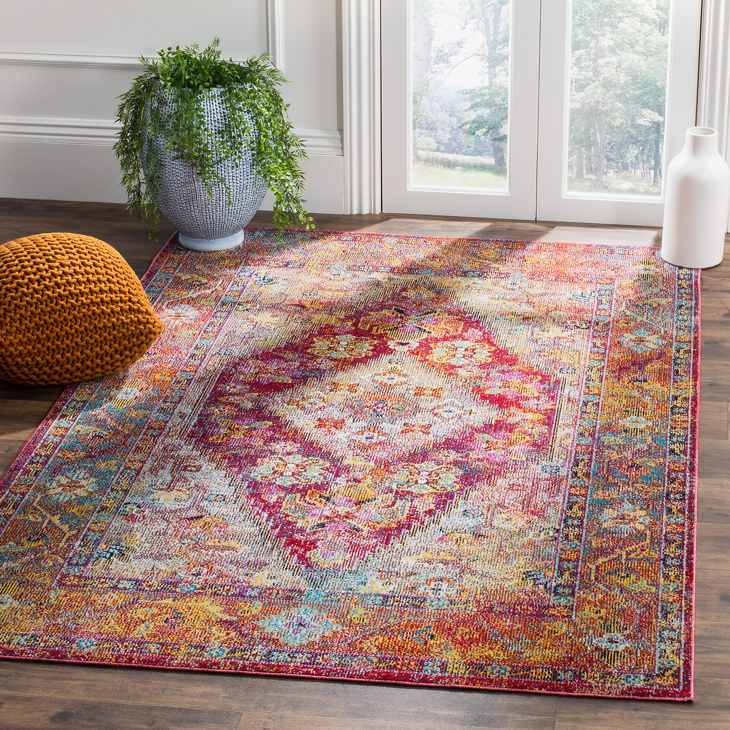 SAFAVIEH Tapis Boho Pour Salon, Salle à manger, Chambre à coucher - Crystal Collection, Tapis à poil court, Bleu clair et fuchsia, 91 X 152 cm