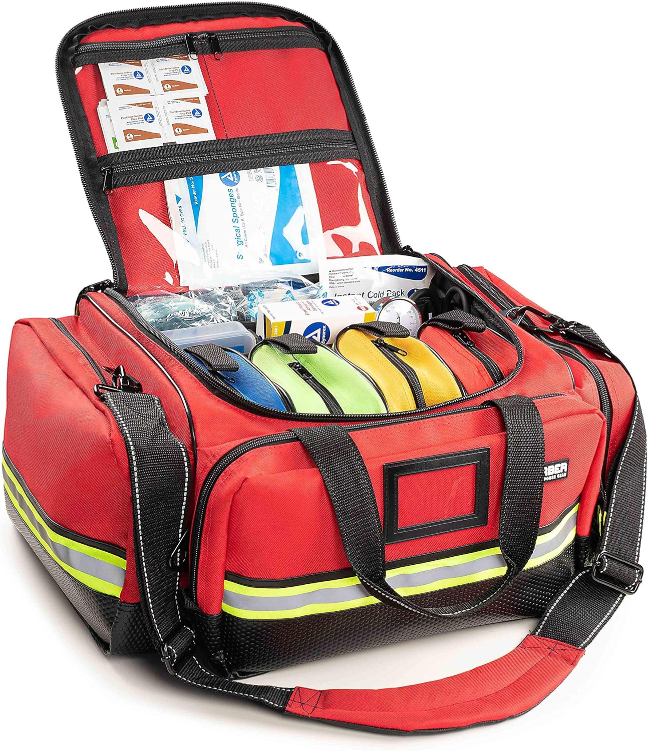 Scherber Fully-Stocked First Responder Professional Advanced EMT/EMS Trauma Kit | HSA/FSA Approved | Reflective Bag w/10+ Compartments, Zippered Pockets & 250+ First Aid Supplies (Red)
