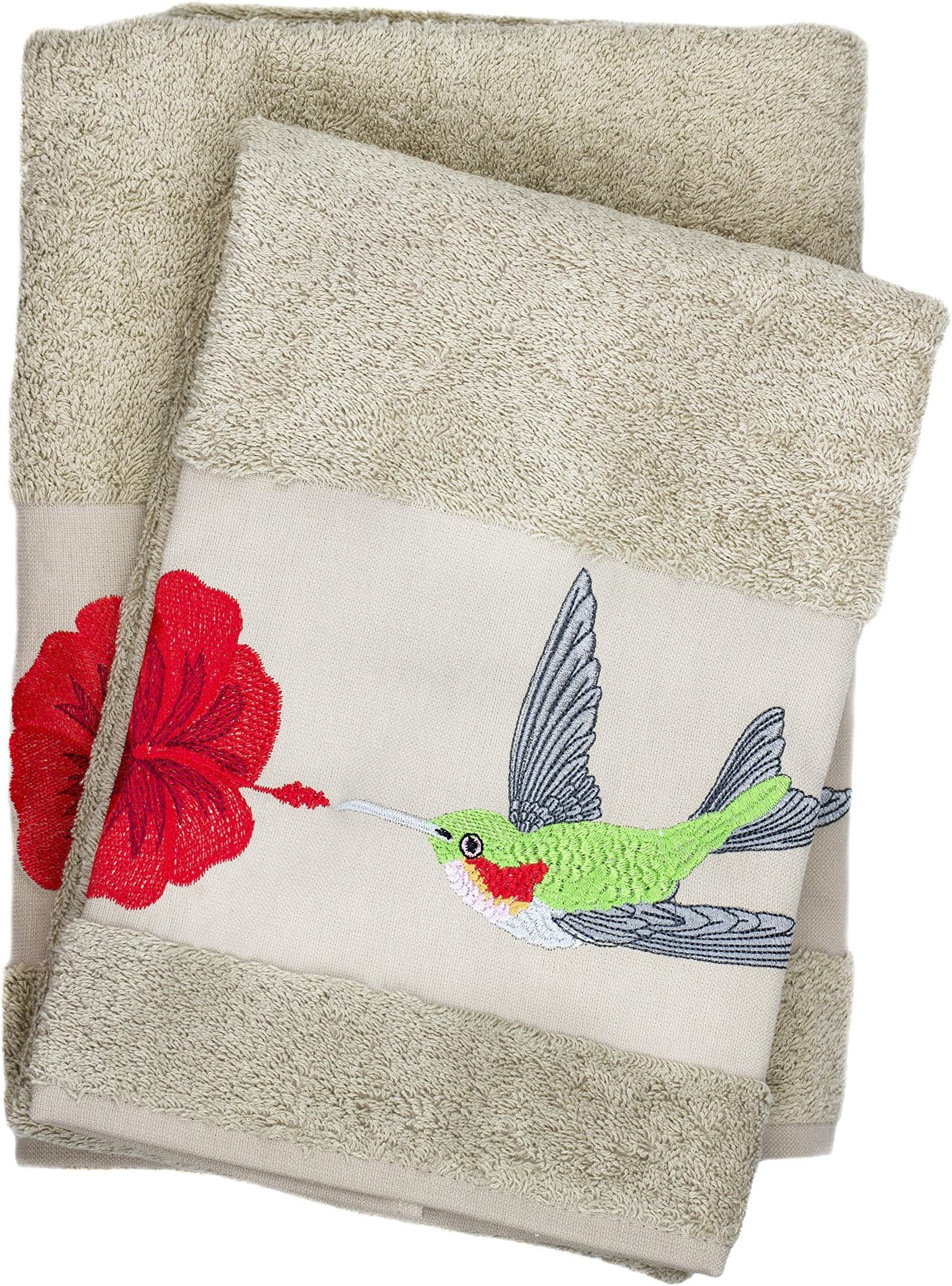 Ebru Luxury Hummingbird Embroidered Bath and Hand Towel 100% Cotton Bathroom Set & Gift